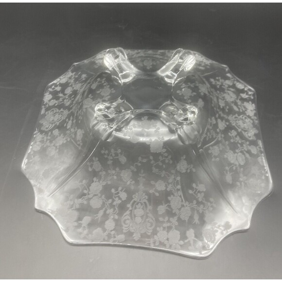 VTG Cambridge Rose Point Floral Clear Glass Footed Square Pedestal Bowl 11.5” - Picture 5 of 7